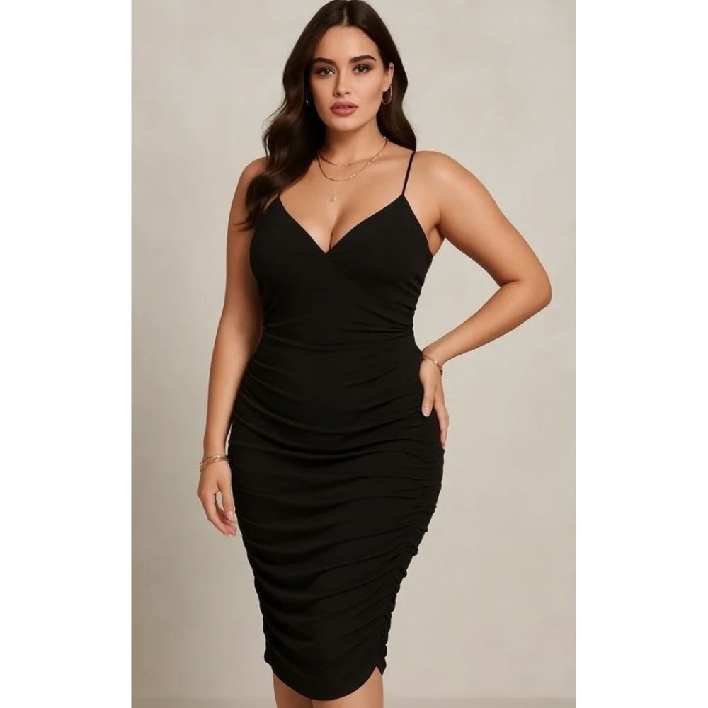 BP. Women's Plus Size V-Neck Sleeveless Mesh Overlay Ruched Sides Dress Black 3X